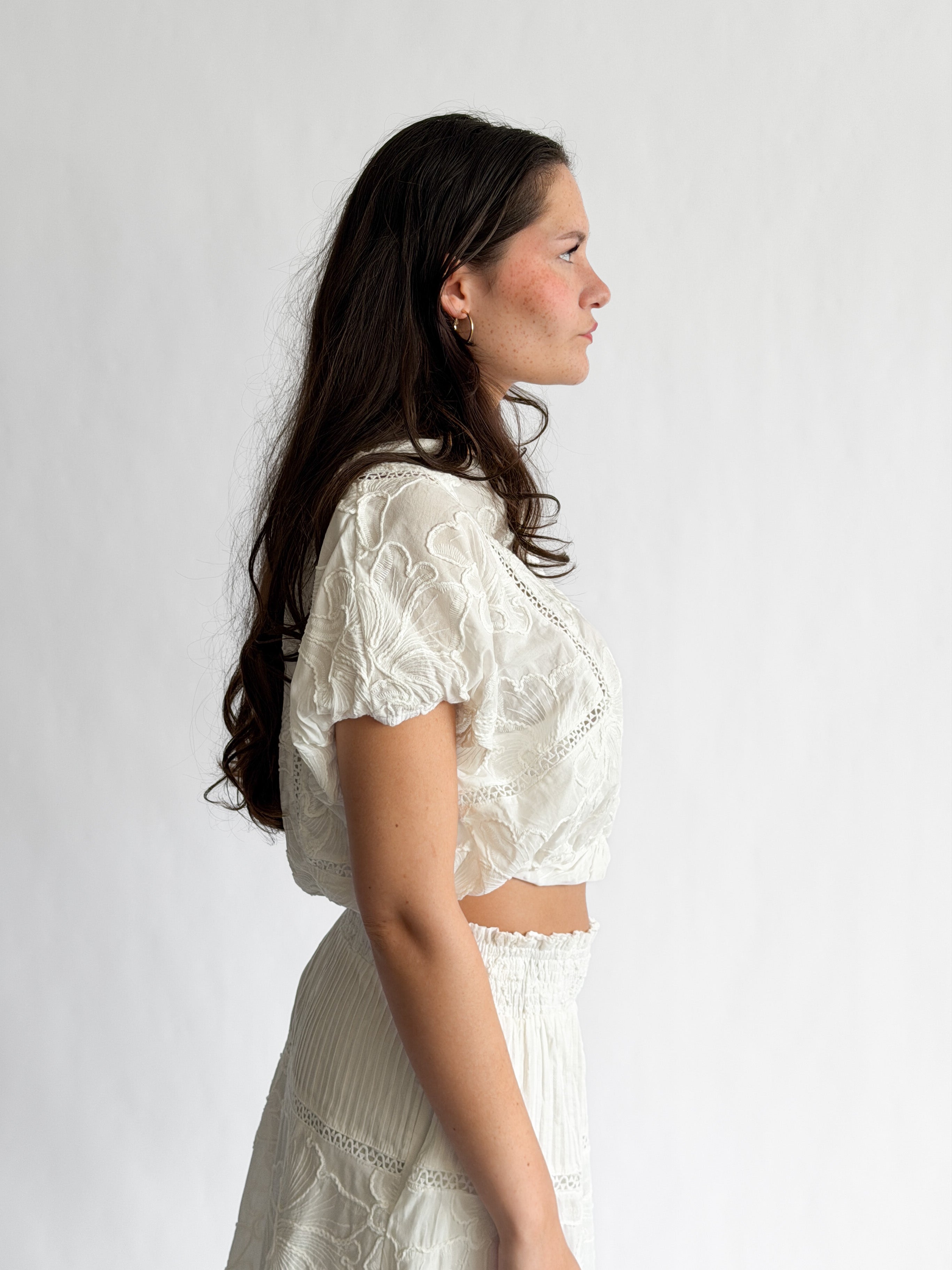 Winifred White Floral Embroidery Cropped Cotton Top