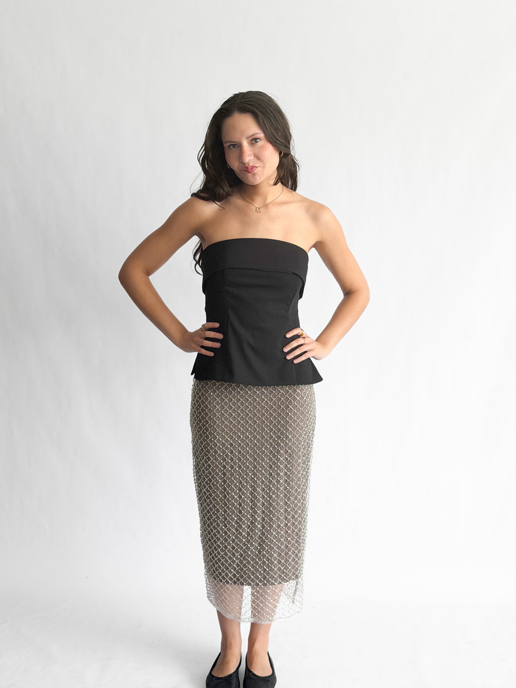 Whitney Taupe Beaded Mesh Back Slit Midi Skirt