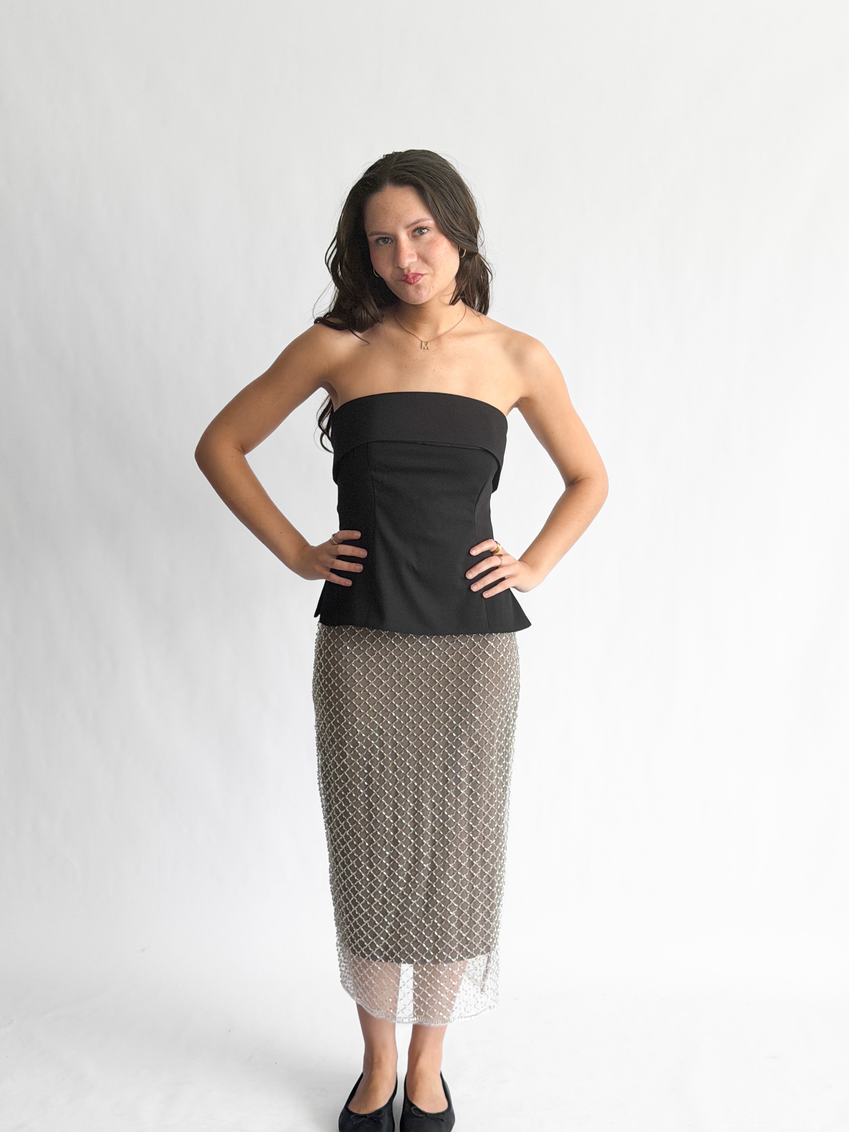Whitney Taupe Beaded Mesh Back Slit Midi Skirt