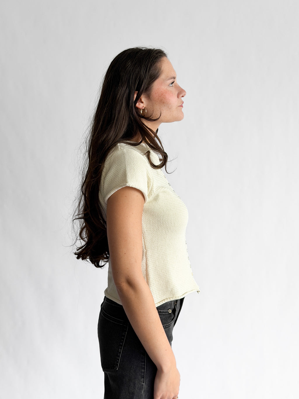 Willow Woven Knit Buttoned Short Sleeve Top (Cream)