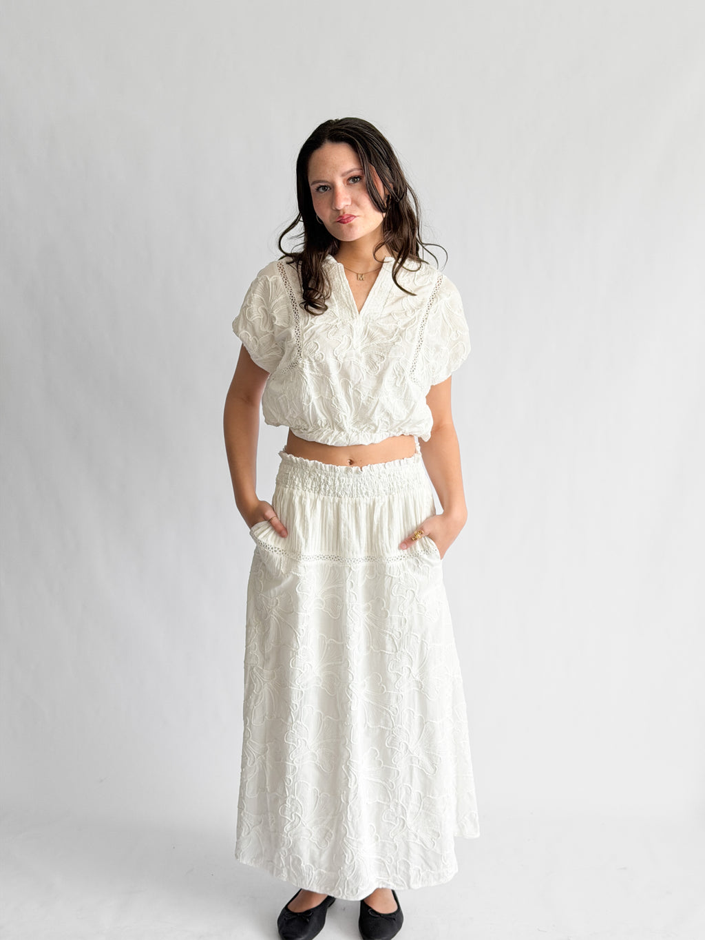 Winifred White Floral Embroidery Cotton Midi Skirt