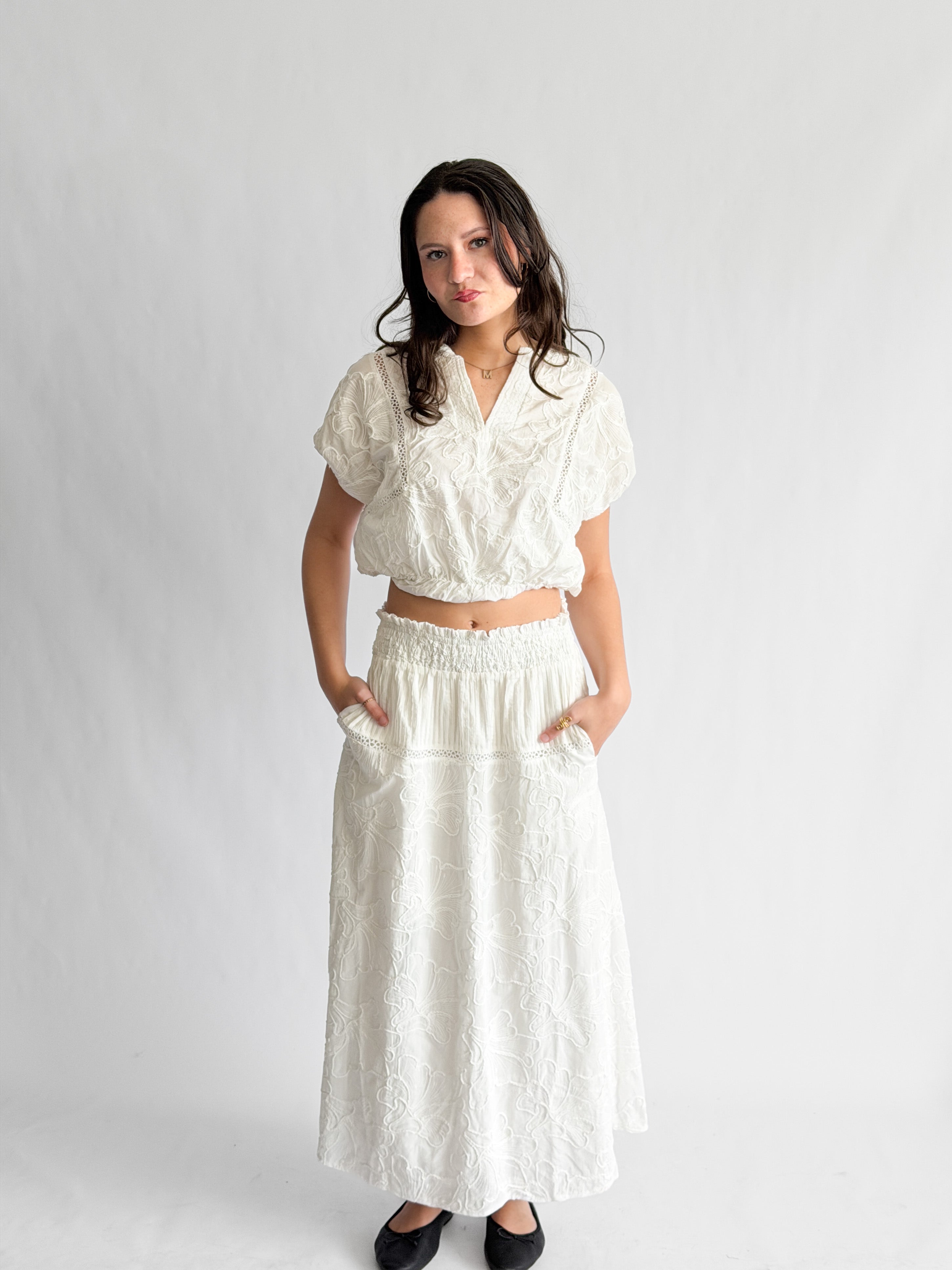 Winifred White Floral Embroidery Cotton Midi Skirt