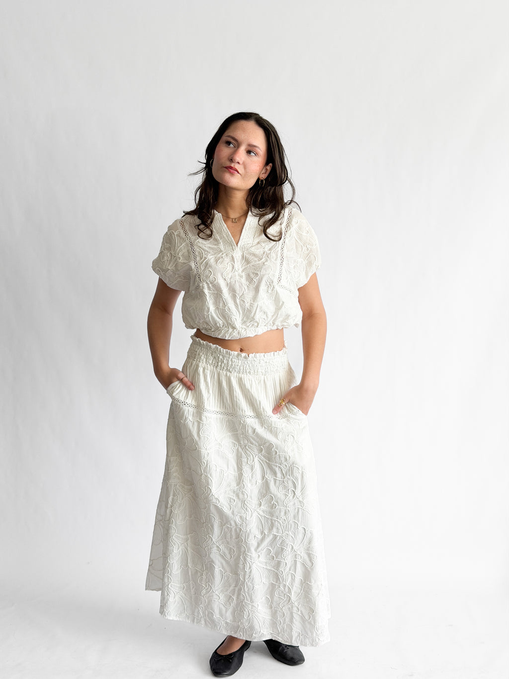 Winifred White Floral Embroidery Cotton Midi Skirt