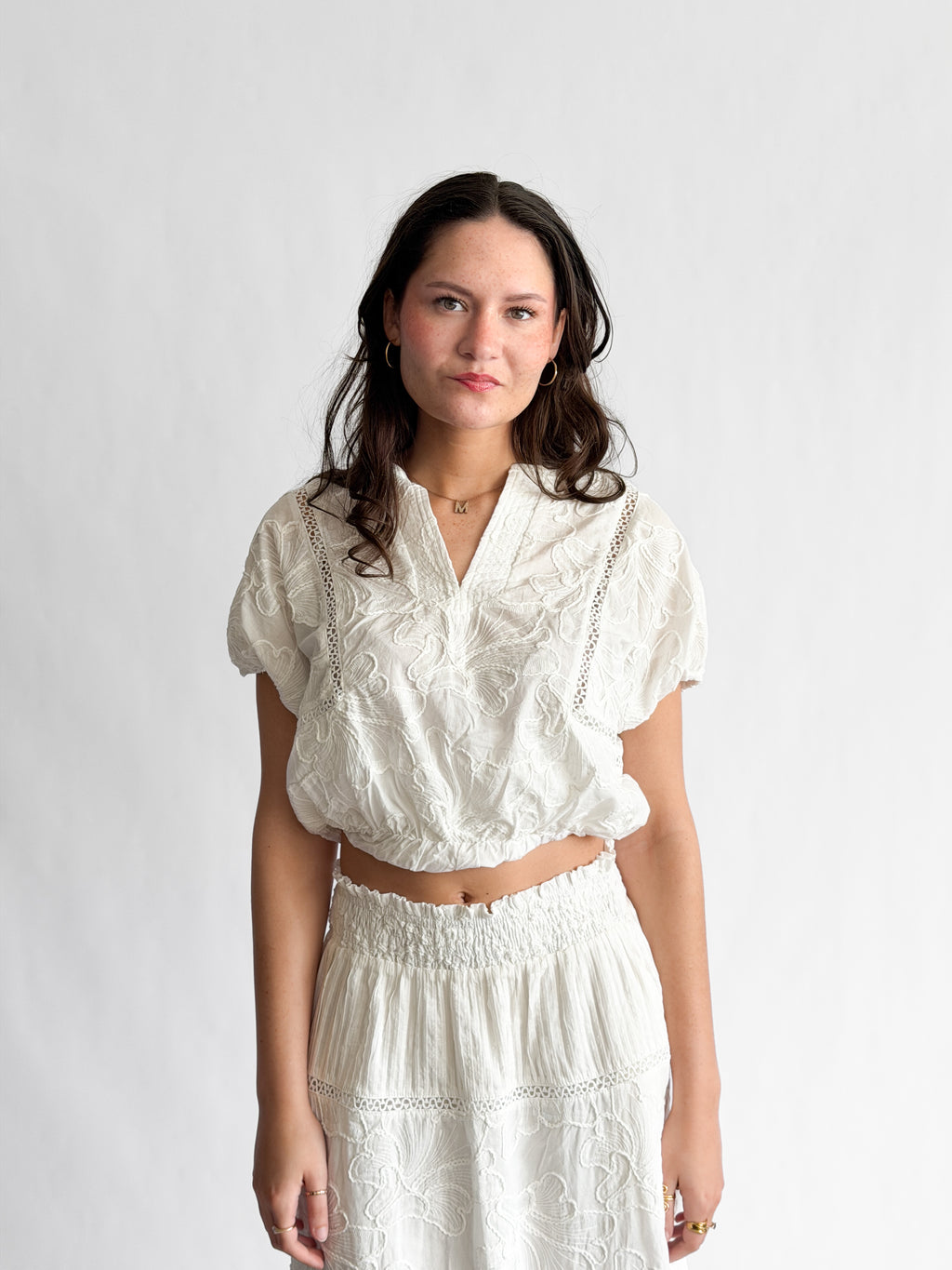 Winifred White Floral Embroidery Cropped Cotton Top