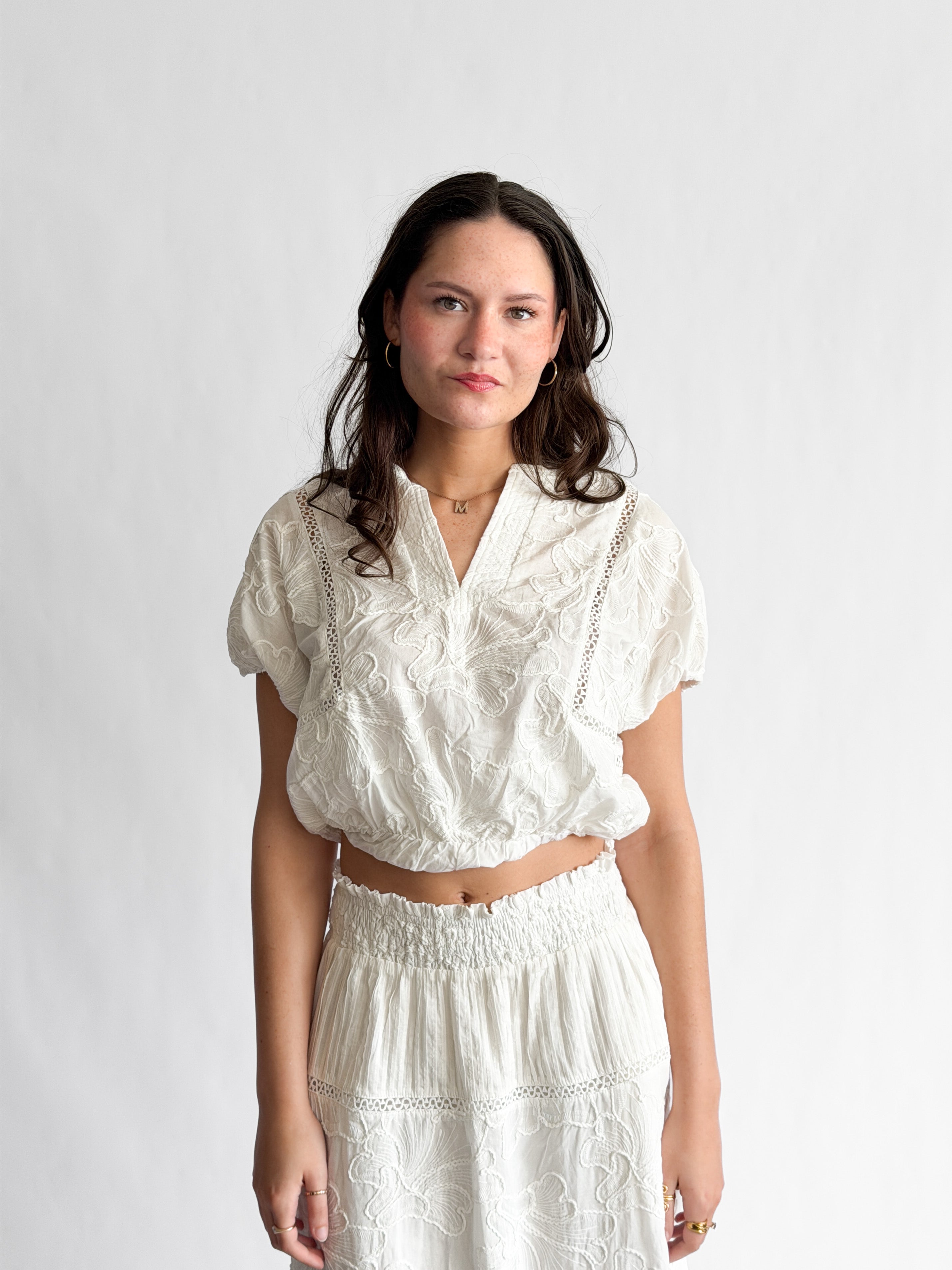 Winifred White Floral Embroidery Cropped Cotton Top