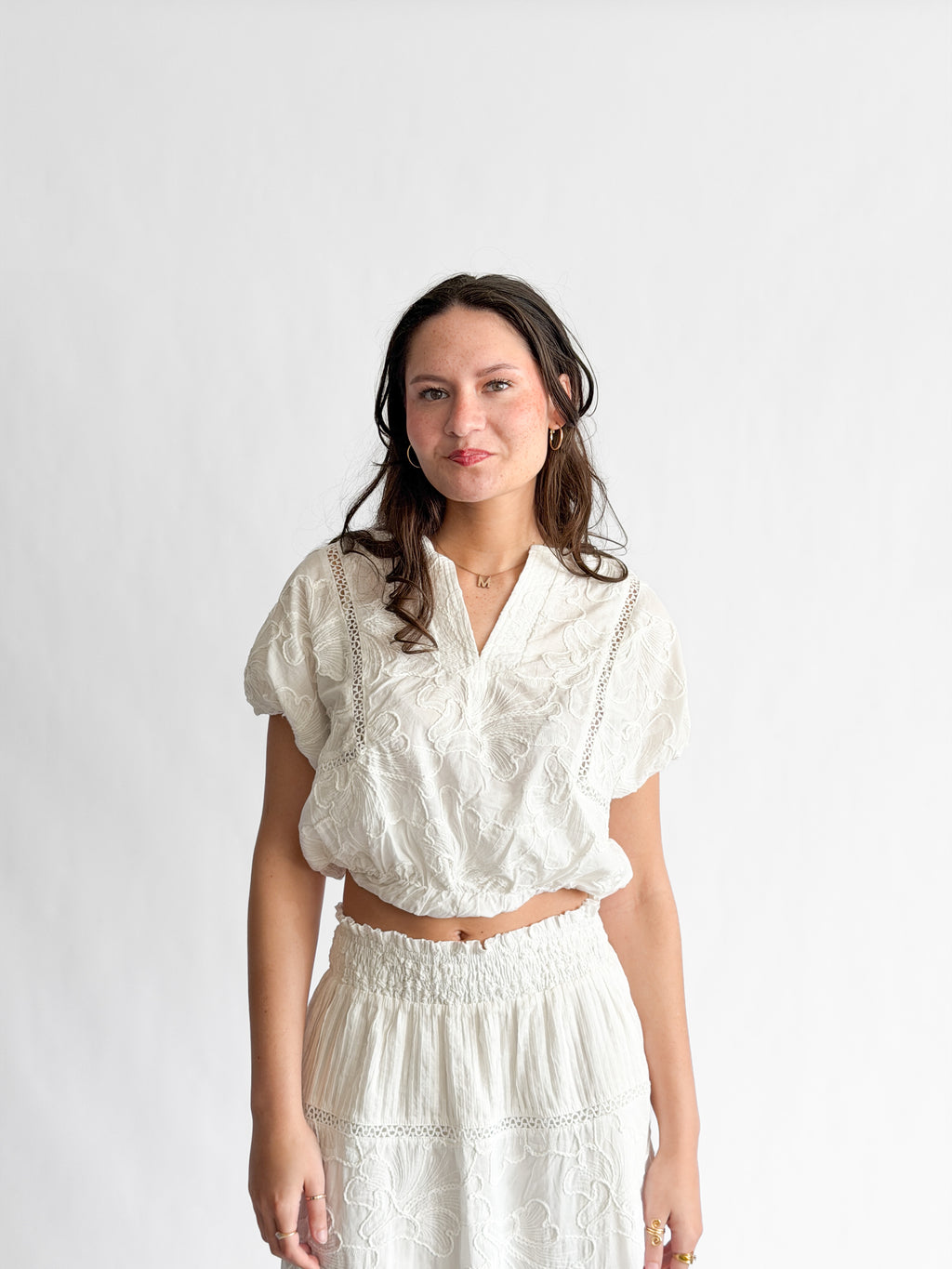 Winifred White Floral Embroidery Cropped Cotton Top