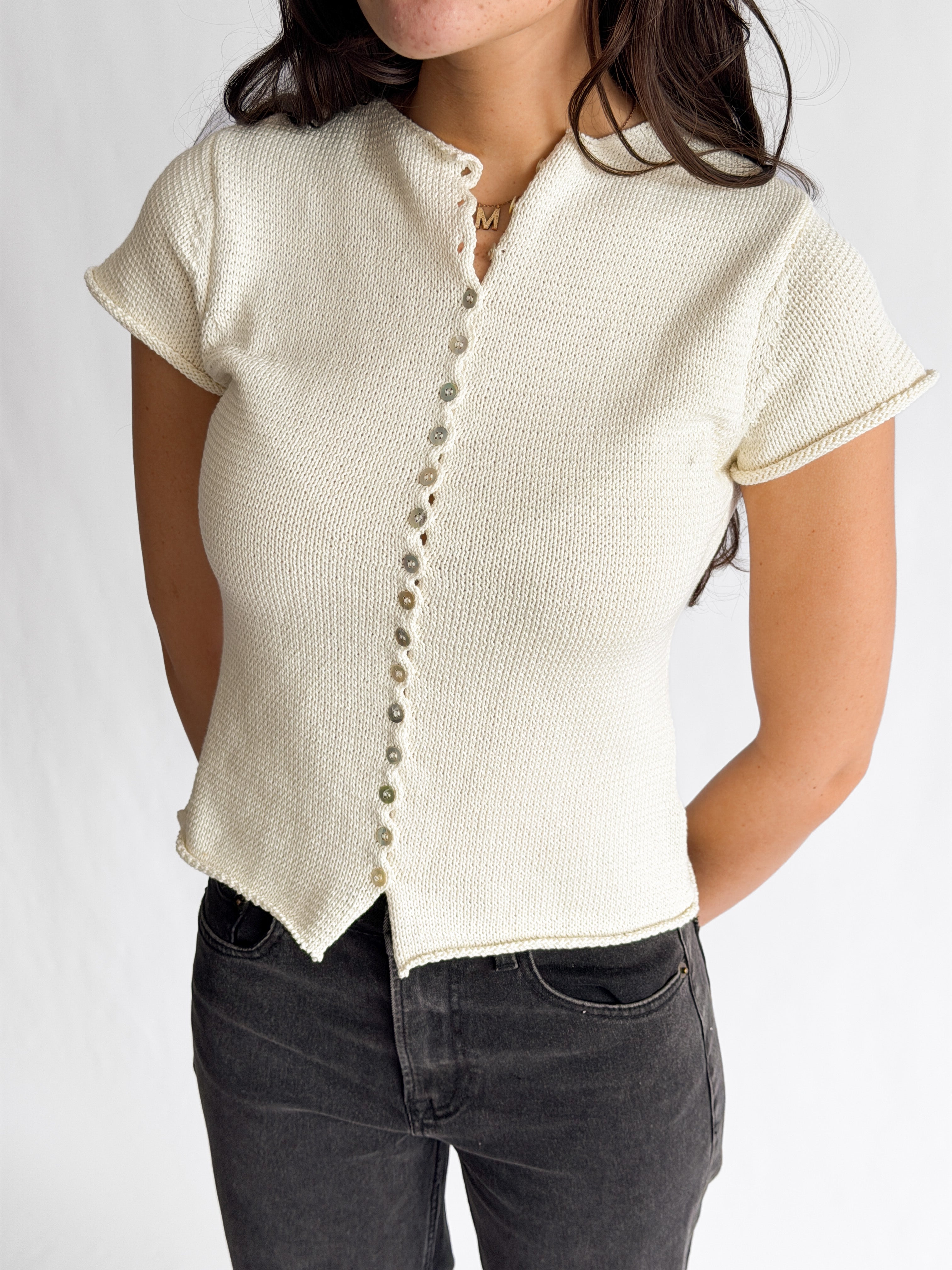 Willow Woven Knit Buttoned Short Sleeve Top (Cream) – Momni Boutique