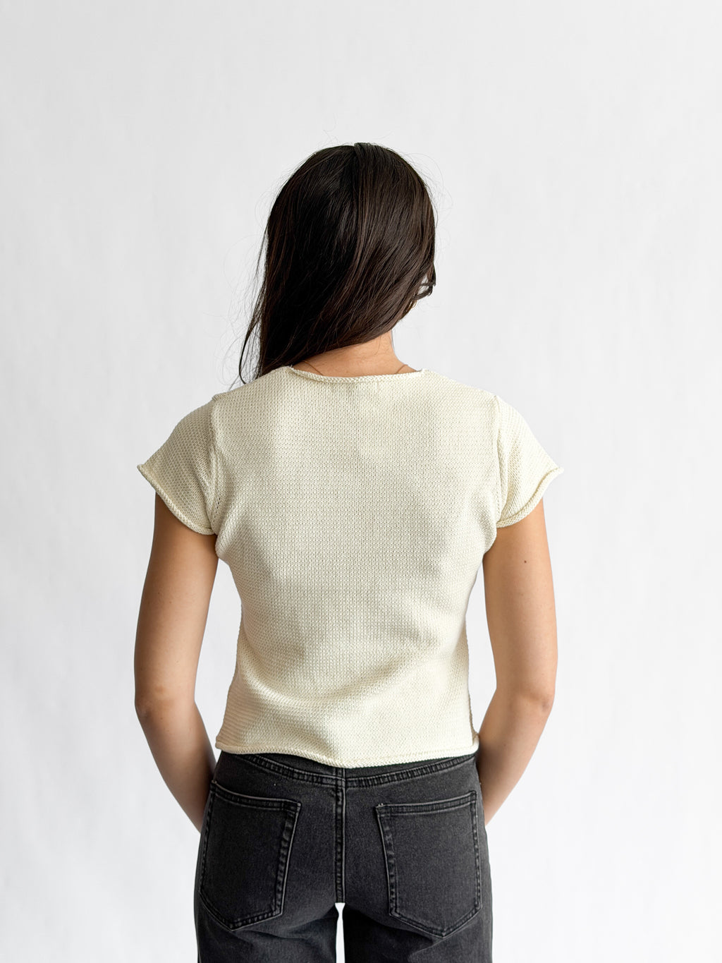 Willow Woven Knit Buttoned Short Sleeve Top (Cream)