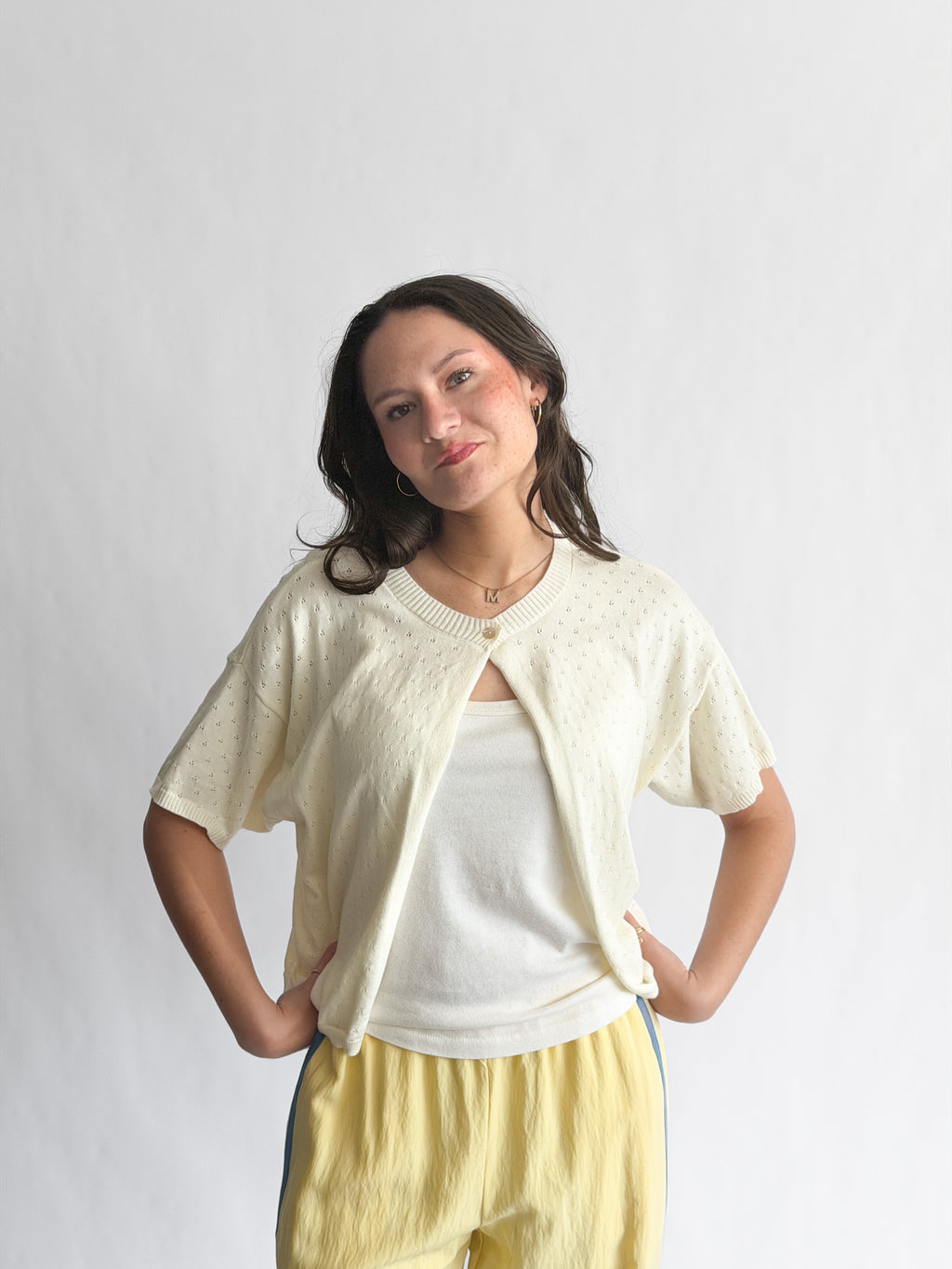 Things Between Wyatt Pointelle Open Cardigan Knit Top (Cream)
