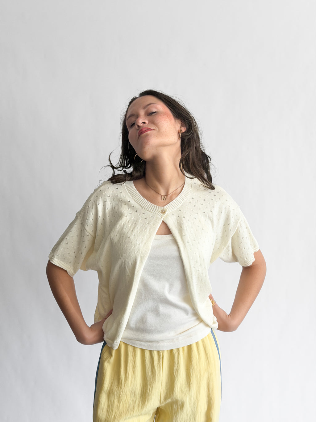Things Between Wyatt Pointelle Open Cardigan Knit Top (Cream)