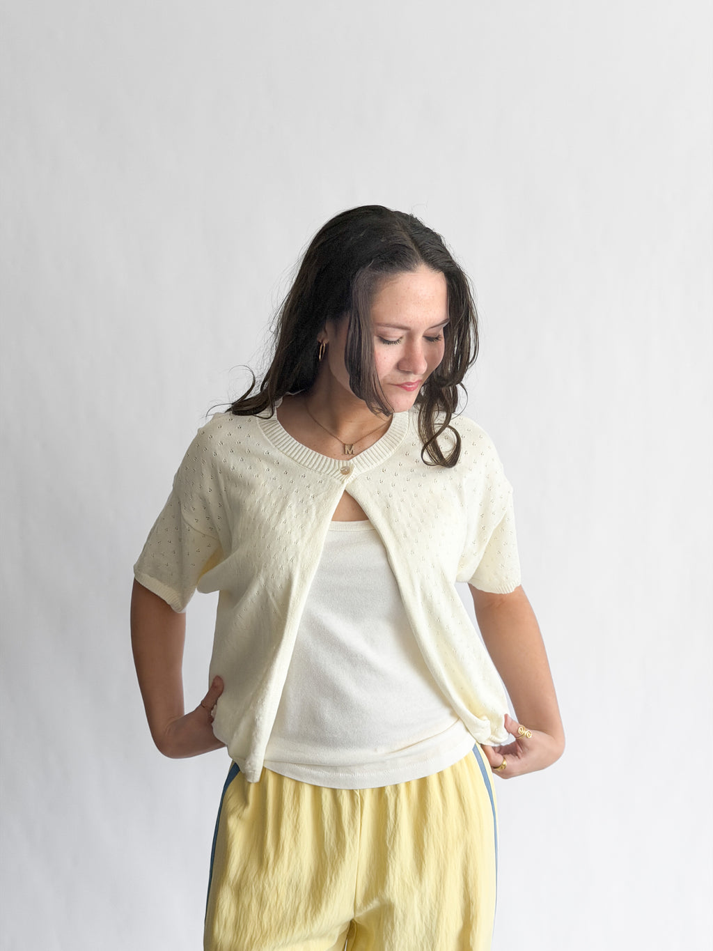 Things Between Wyatt Pointelle Open Cardigan Knit Top (Cream)