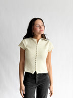 Willow Woven Knit Buttoned Short Sleeve Top (Cream)