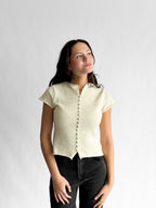 Willow Woven Knit Buttoned Short Sleeve Top (Cream)
