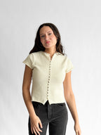 Willow Woven Knit Buttoned Short Sleeve Top (Cream)
