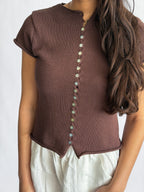 Willow Woven Knit Buttoned Short Sleeve Top (Brown)