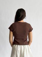 Willow Woven Knit Buttoned Short Sleeve Top (Brown)