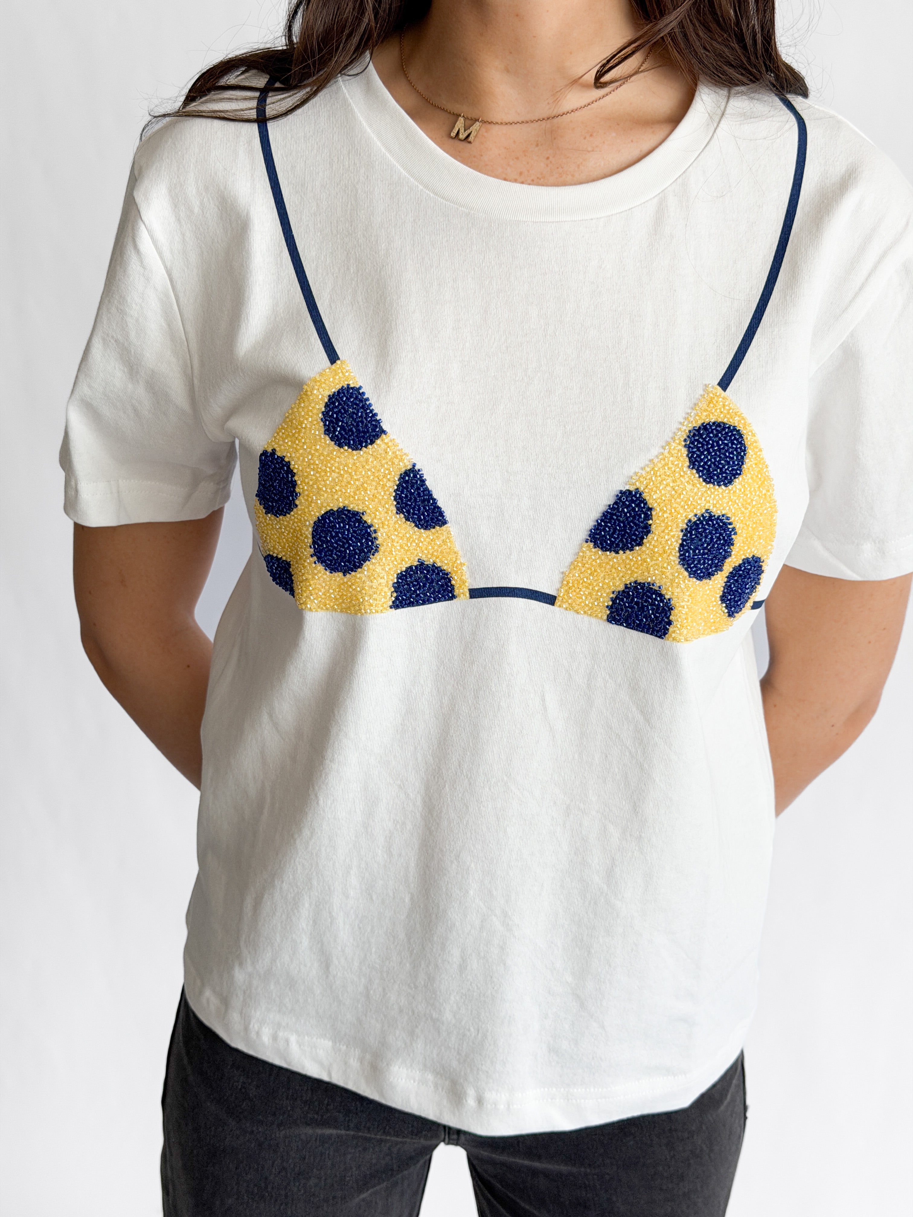 Tilly Beaded Bikini Cotton T-Shirt (Yellow/Blue Polka Dot)