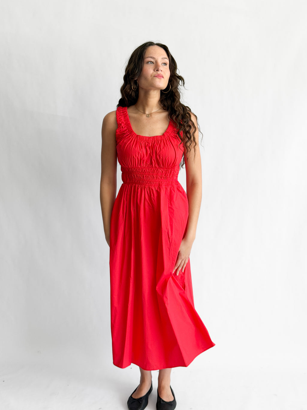PINCH Amy Red Cotton Poplin Shirred Midi Dress