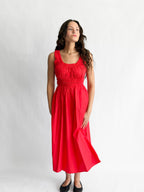 PINCH Amy Red Cotton Poplin Shirred Midi Dress