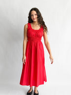 PINCH Amy Red Cotton Poplin Shirred Midi Dress