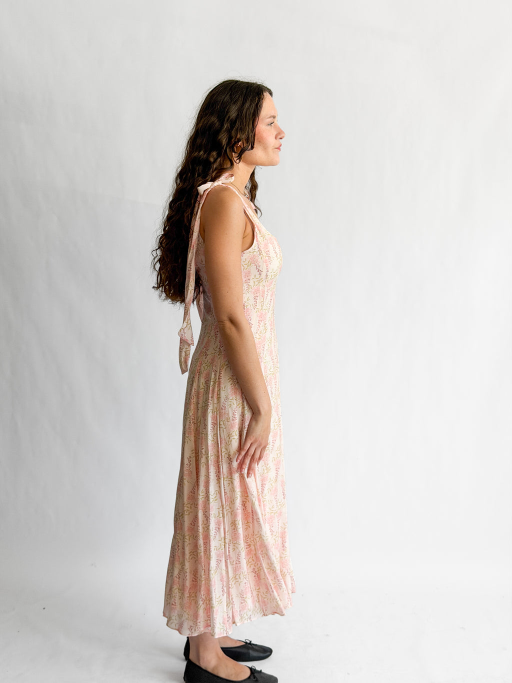 Lucy Paris Skyla Pink Floral Tie Strap Midi Dress