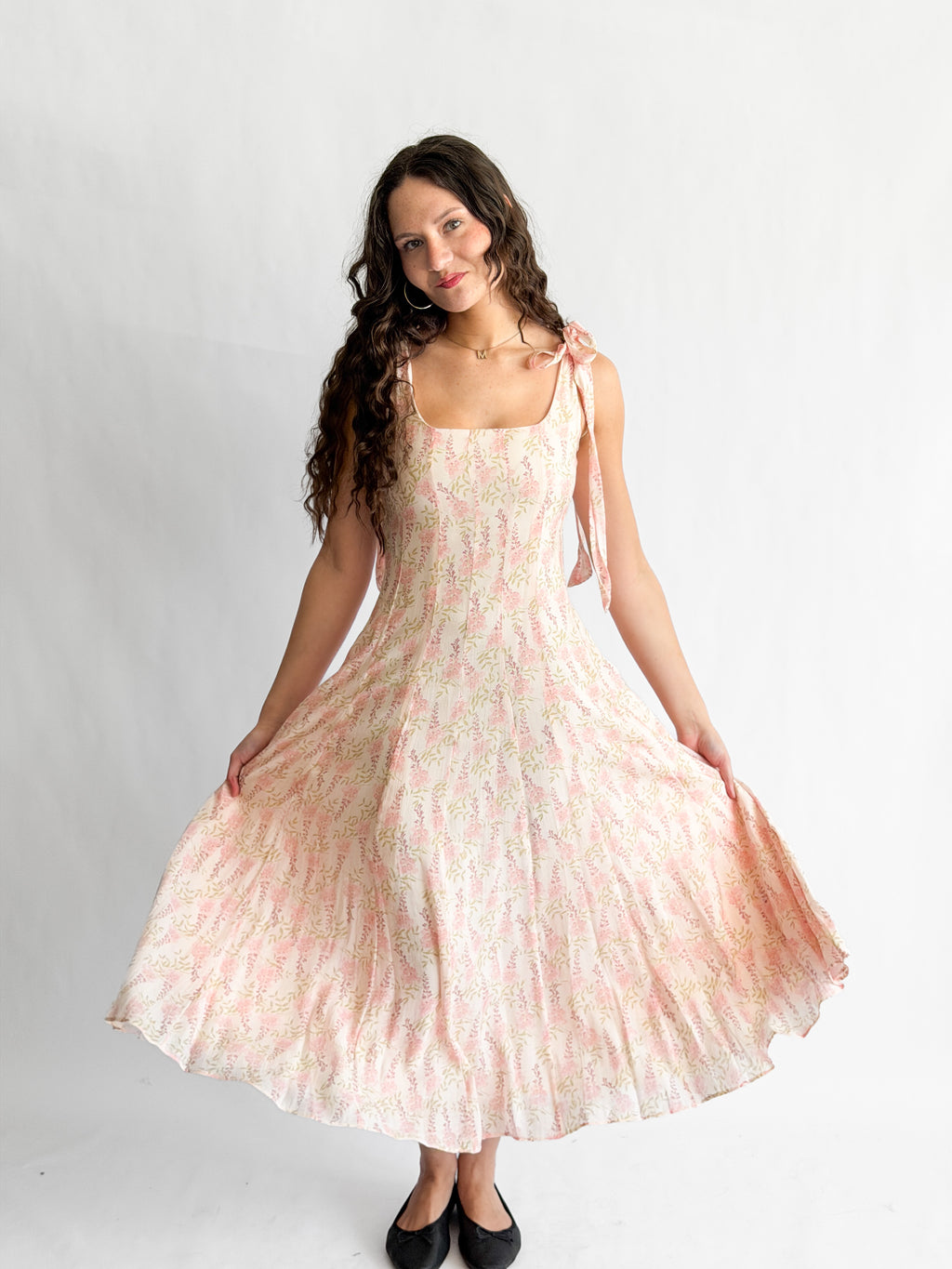 Lucy Paris Skyla Pink Floral Tie Strap Midi Dress