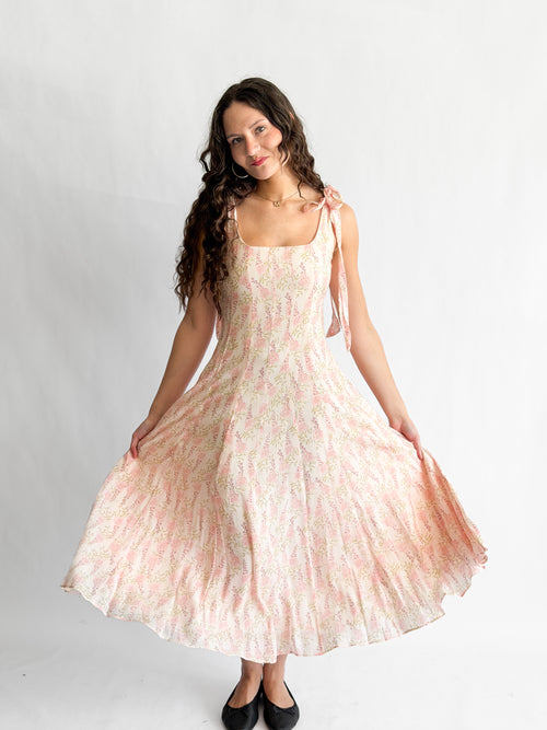 Lucy Paris Skyla Pink Floral Tie Strap Midi Dress
