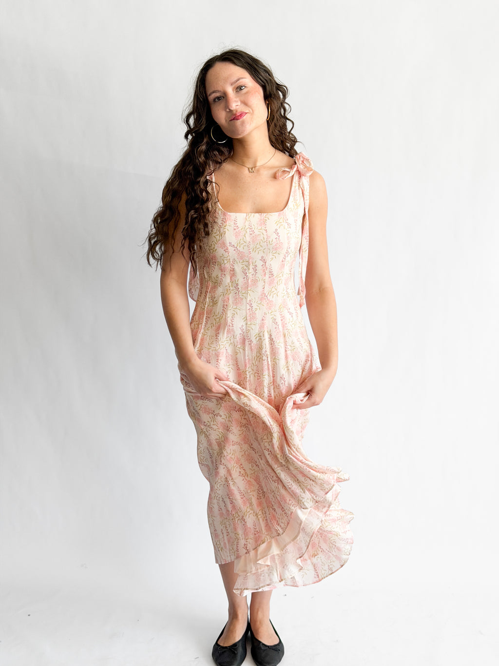 Lucy Paris Skyla Pink Floral Tie Strap Midi Dress