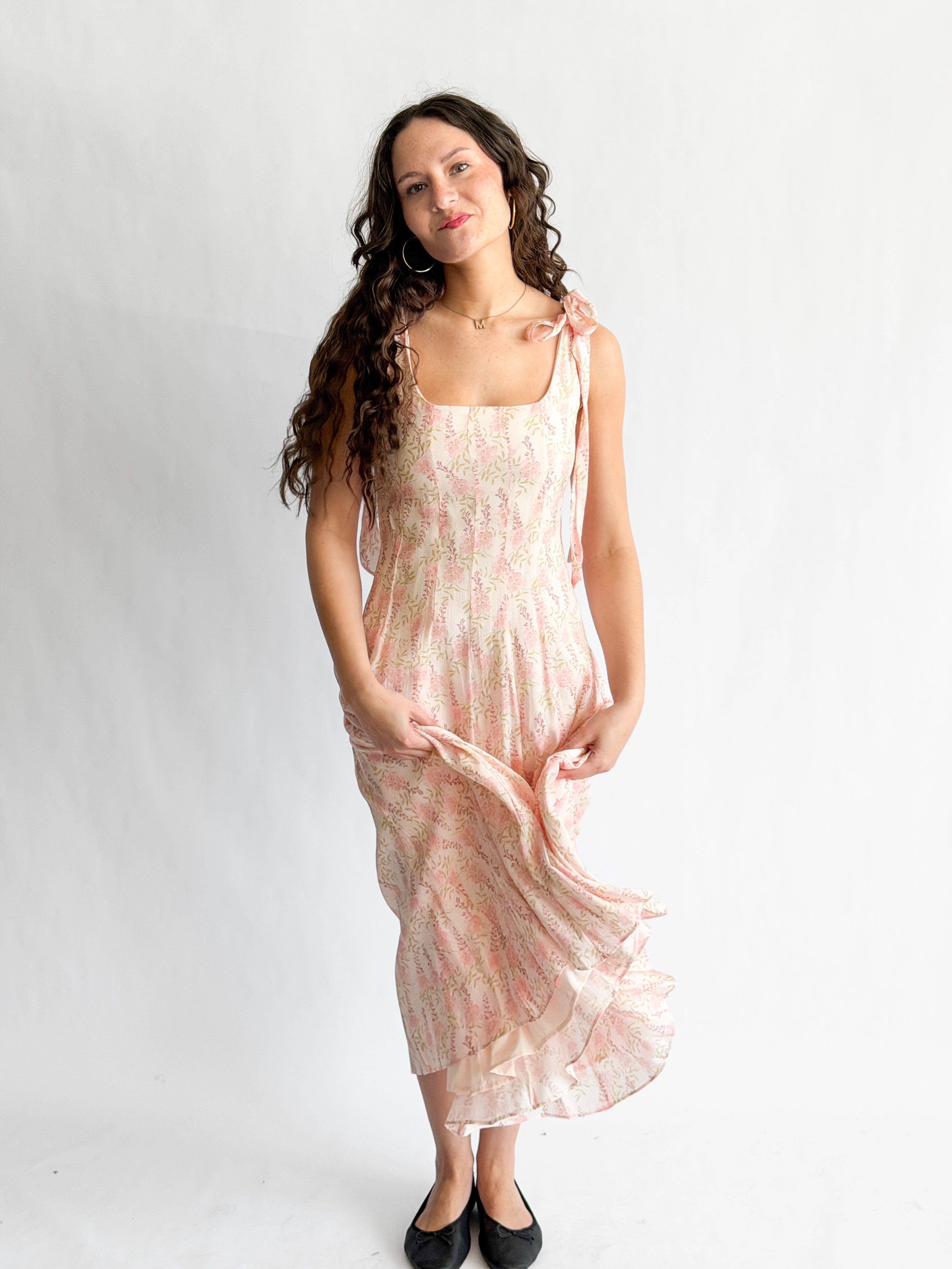 Lucy Paris Skyla Pink Floral Tie Strap Midi Dress