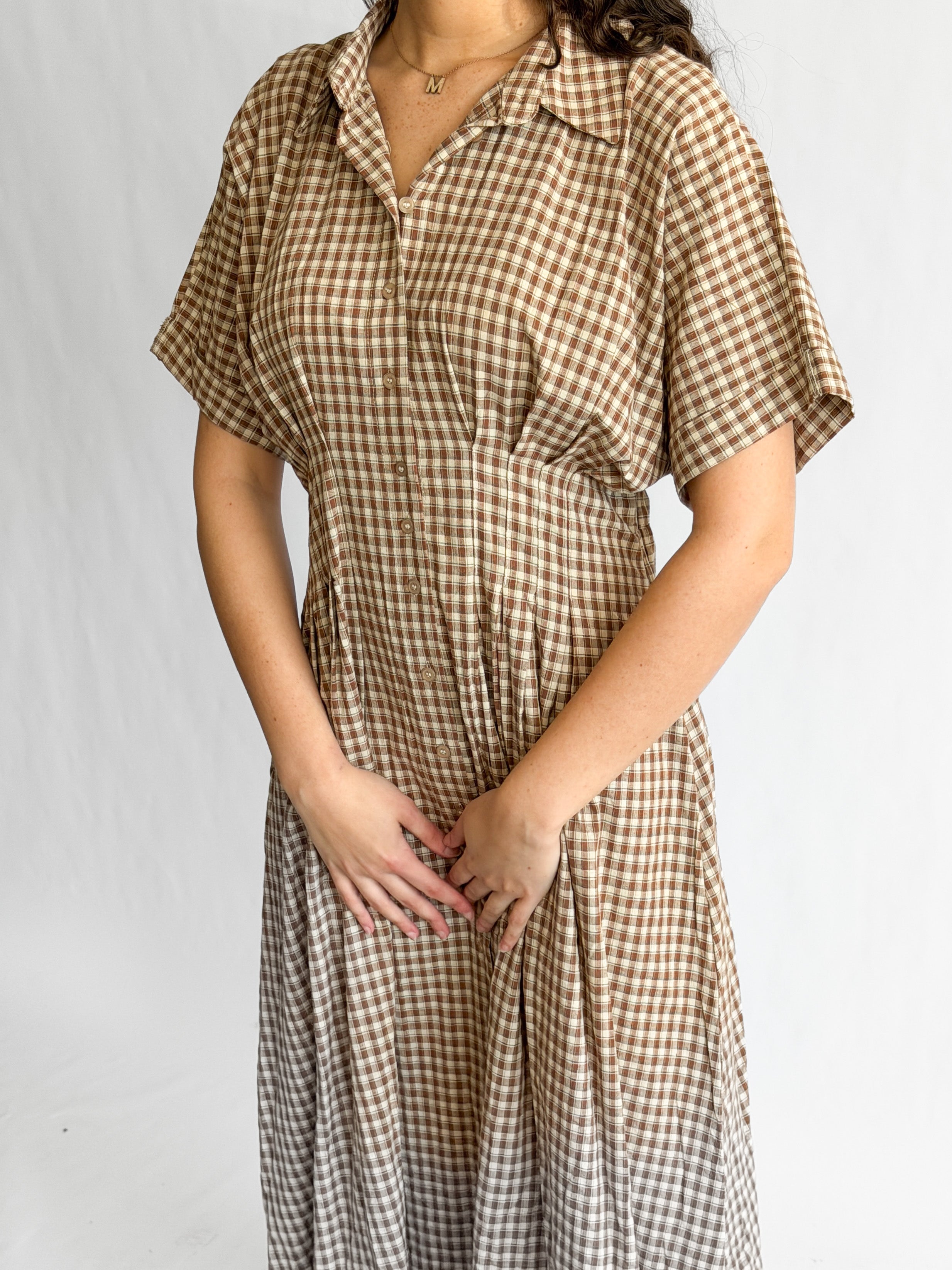 By Together Zara Brown Cotton Gingham Buttoned Midi Dress