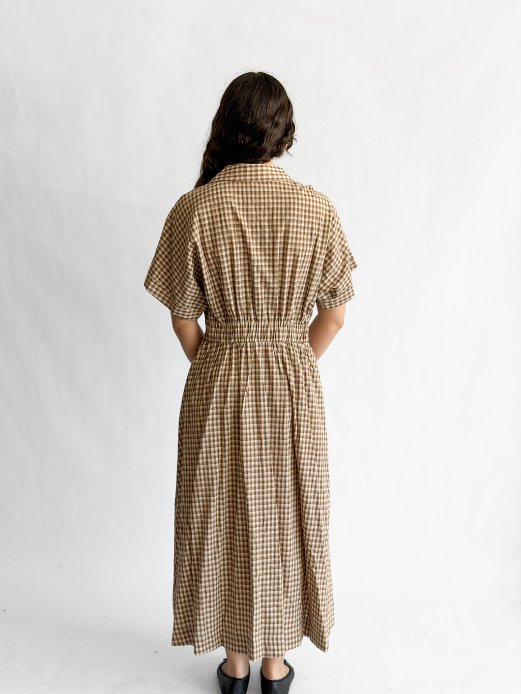 By Together Zara Brown Cotton Gingham Buttoned Midi Dress