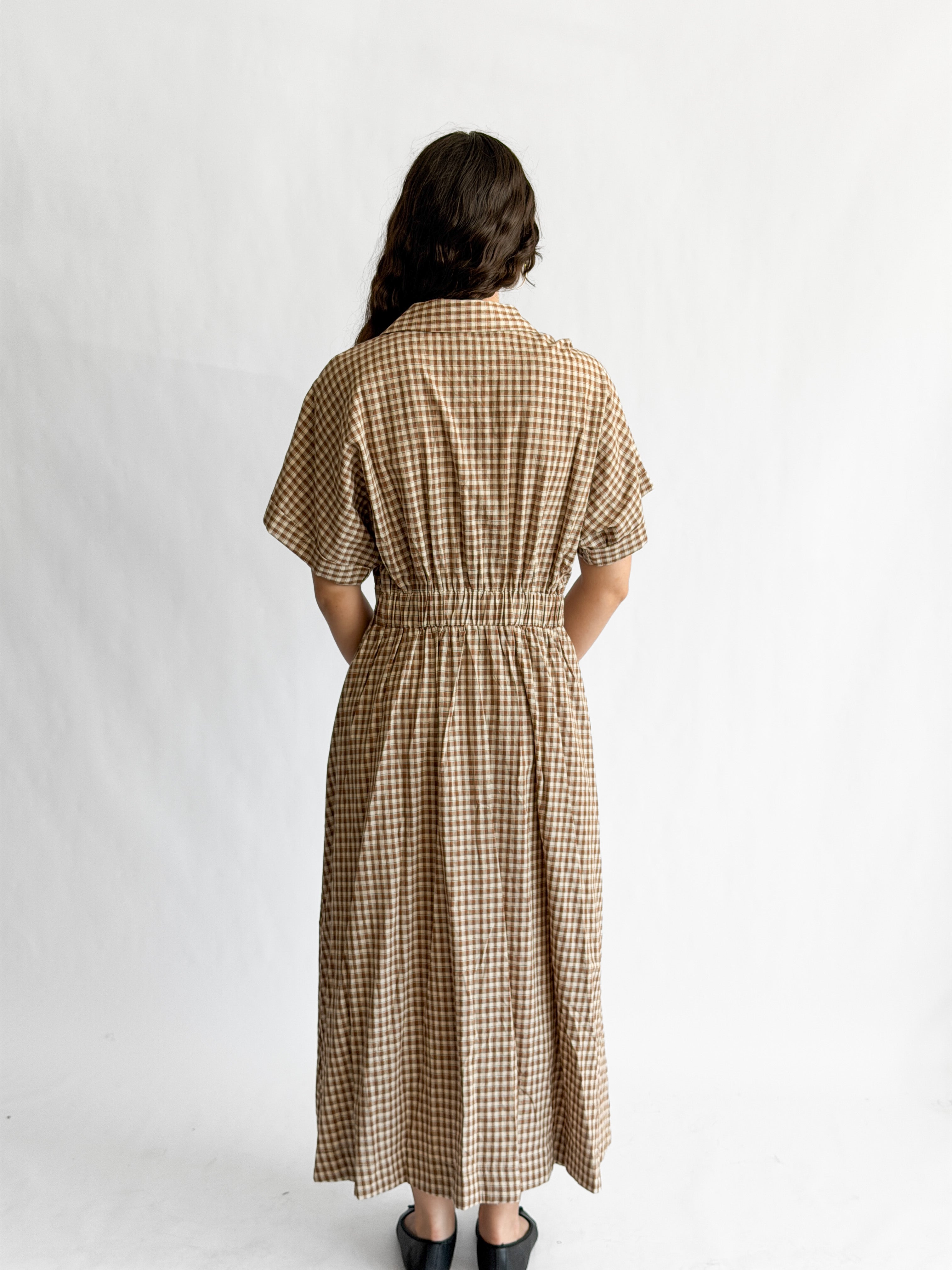 By Together Zara Brown Cotton Gingham Buttoned Midi Dress