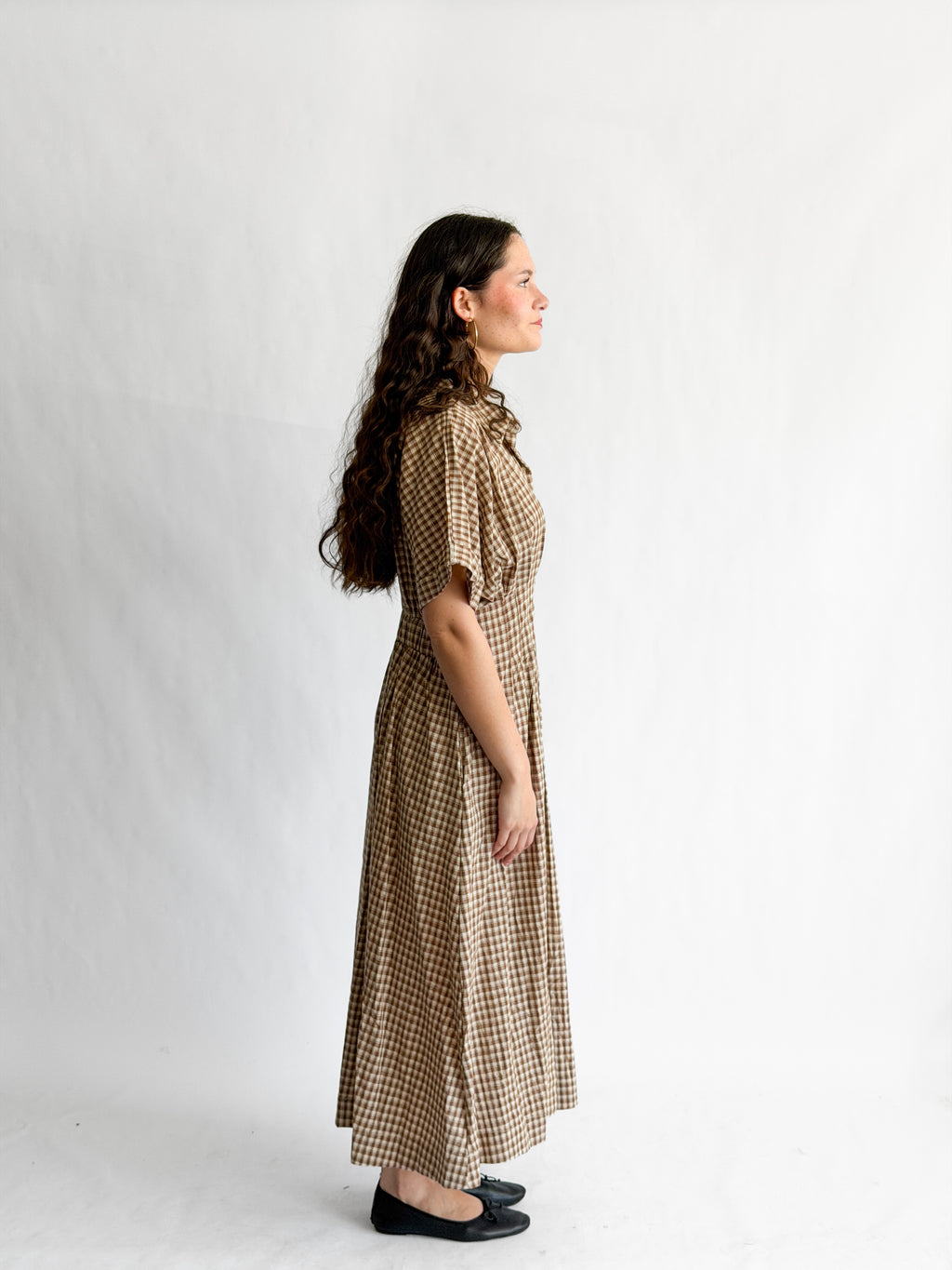 By Together Zara Brown Cotton Gingham Buttoned Midi Dress