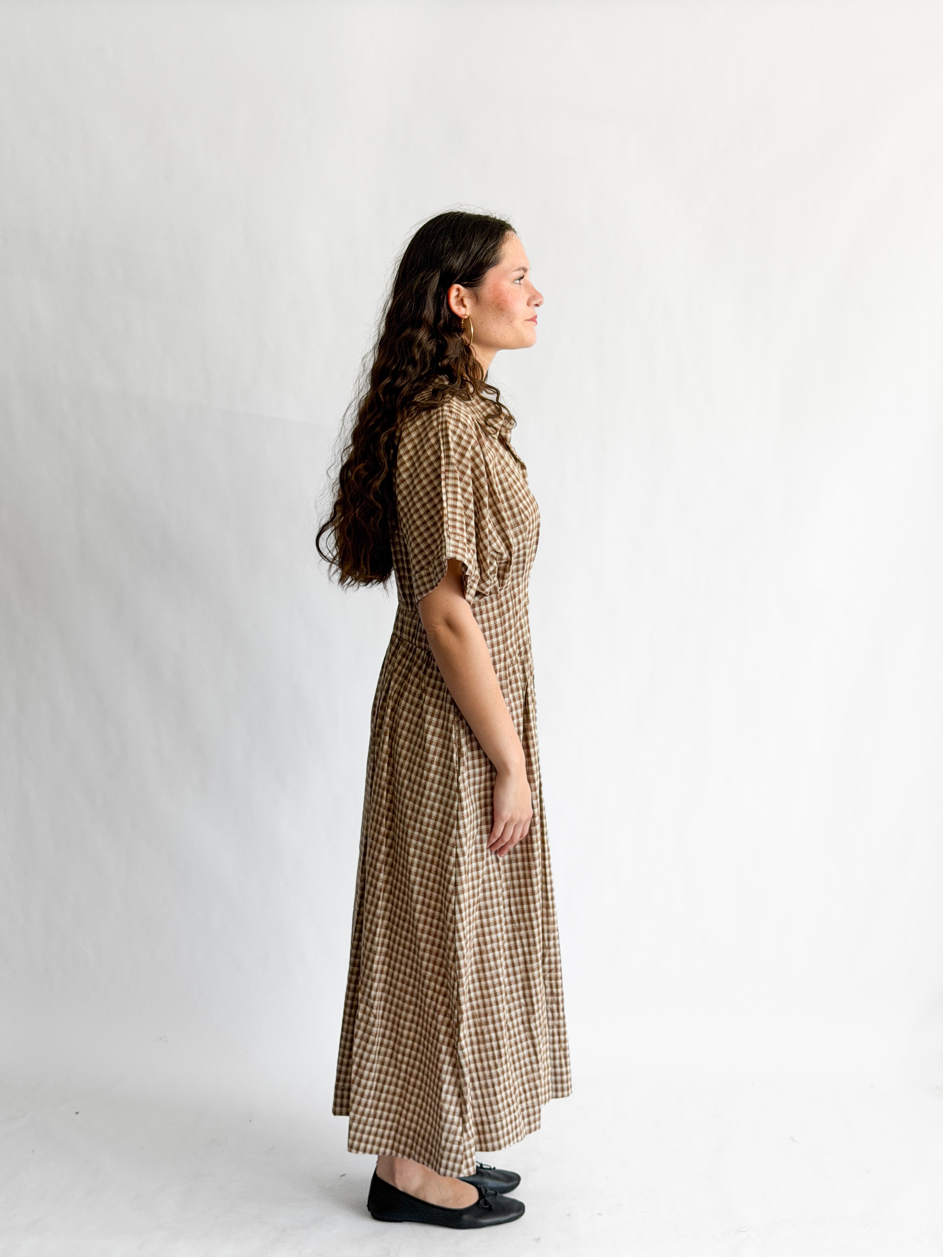 By Together Zara Brown Cotton Gingham Buttoned Midi Dress