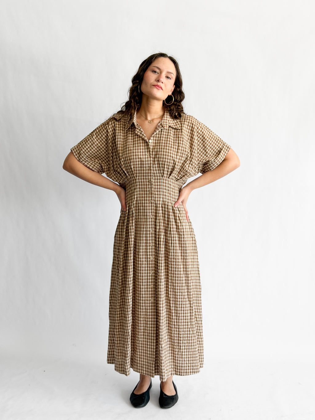 By Together Zara Brown Cotton Gingham Buttoned Midi Dress