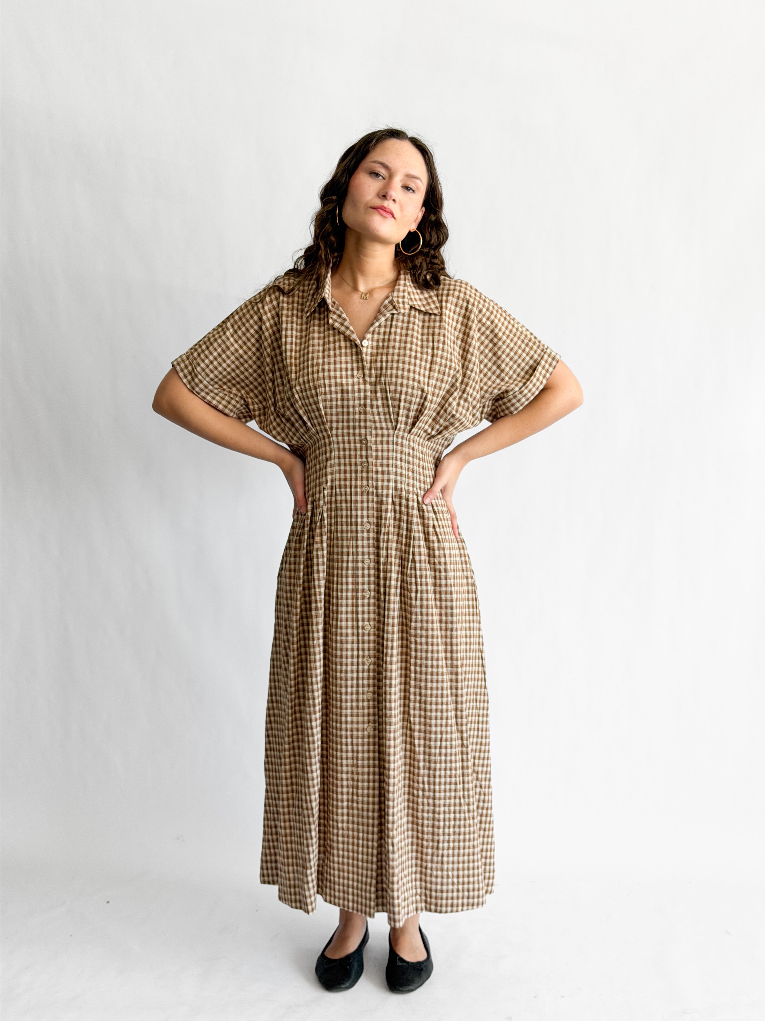 By Together Zara Brown Cotton Gingham Buttoned Midi Dress