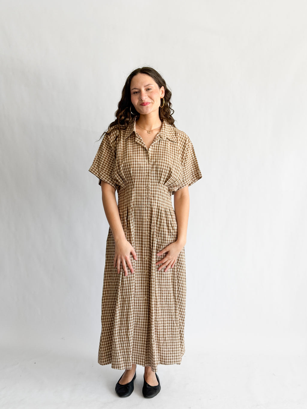 By Together Zara Brown Cotton Gingham Buttoned Midi Dress