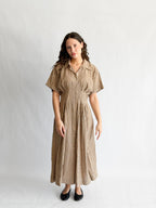 By Together Zara Brown Cotton Gingham Buttoned Midi Dress