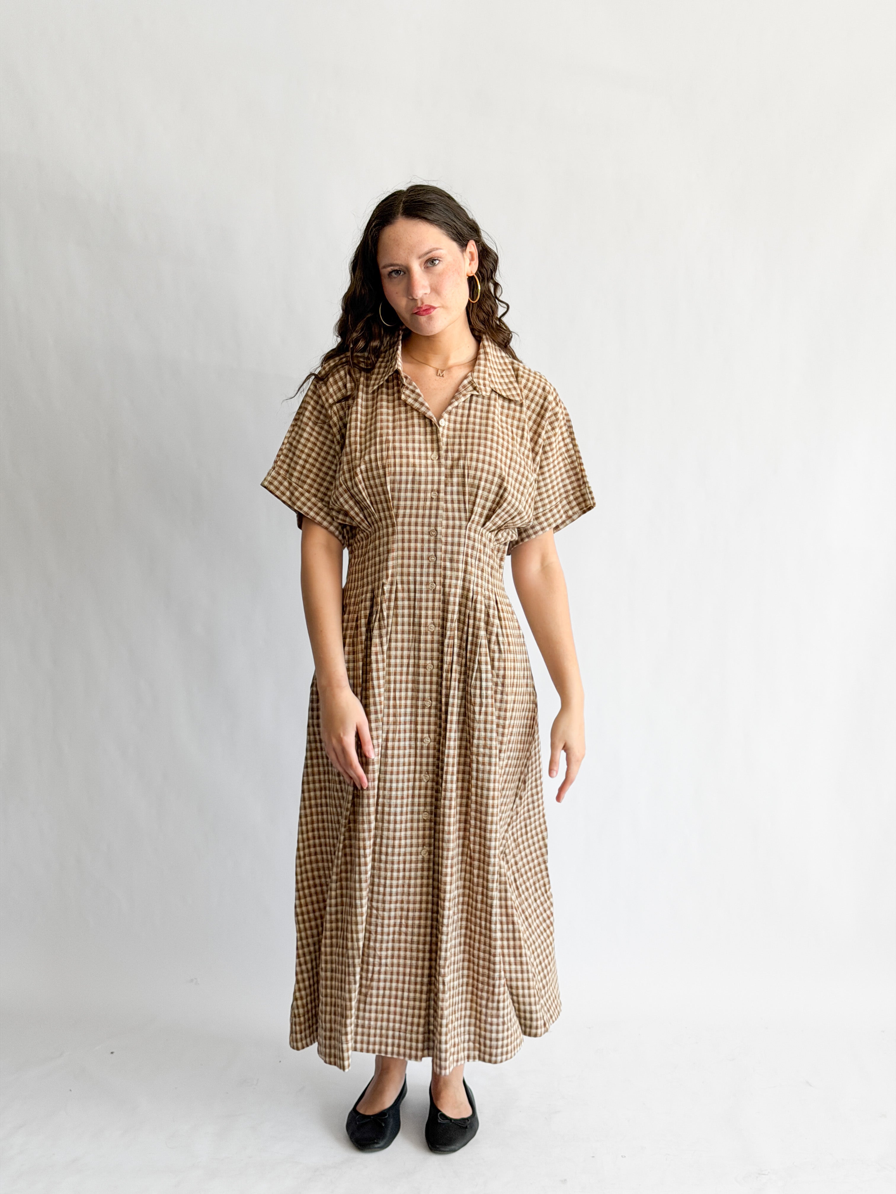 By Together Zara Brown Cotton Gingham Buttoned Midi Dress