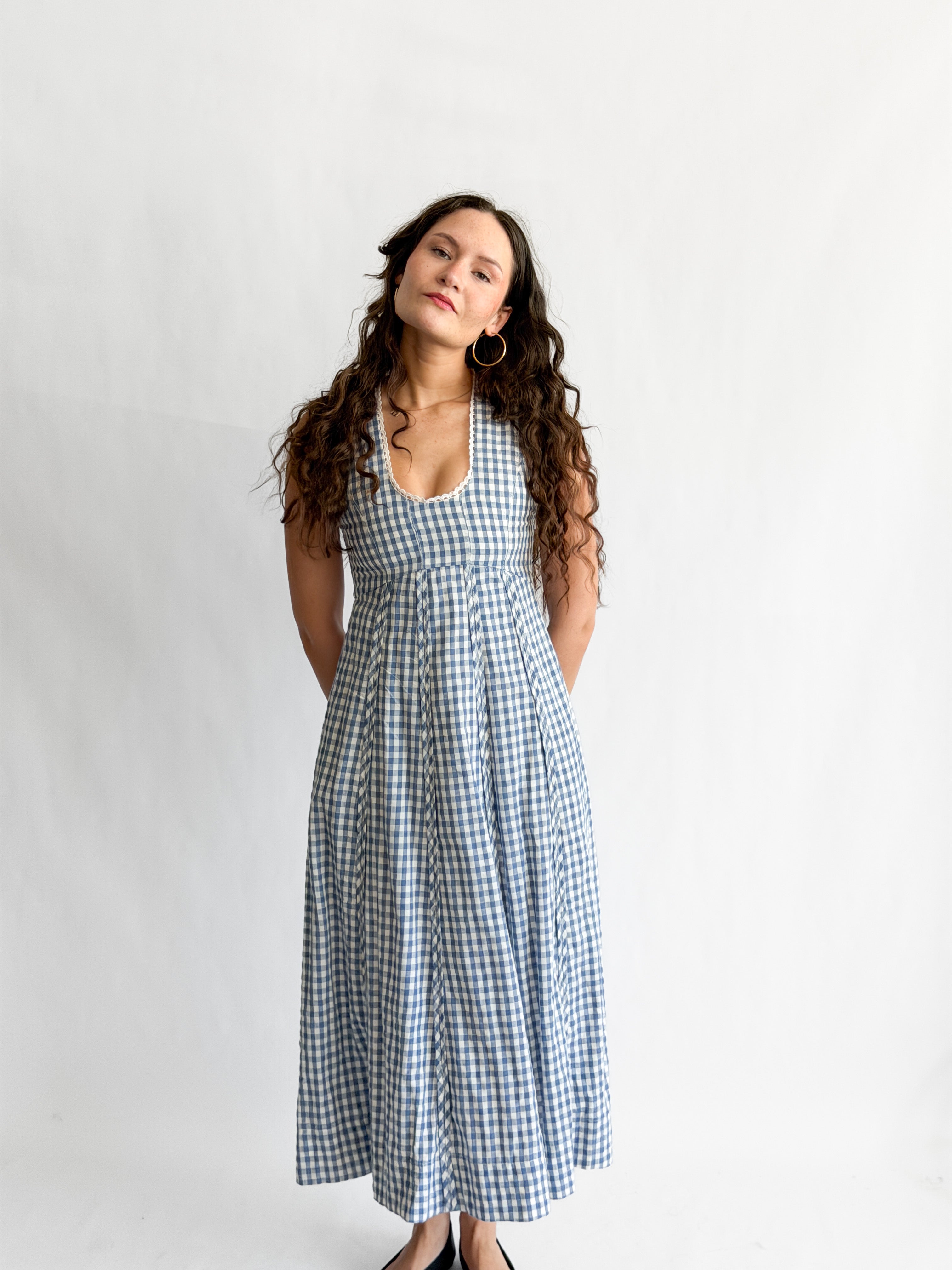 Sofie the Label Cecilia Blue Cotton Gingham Cotton Sleeveless Midi Dress
