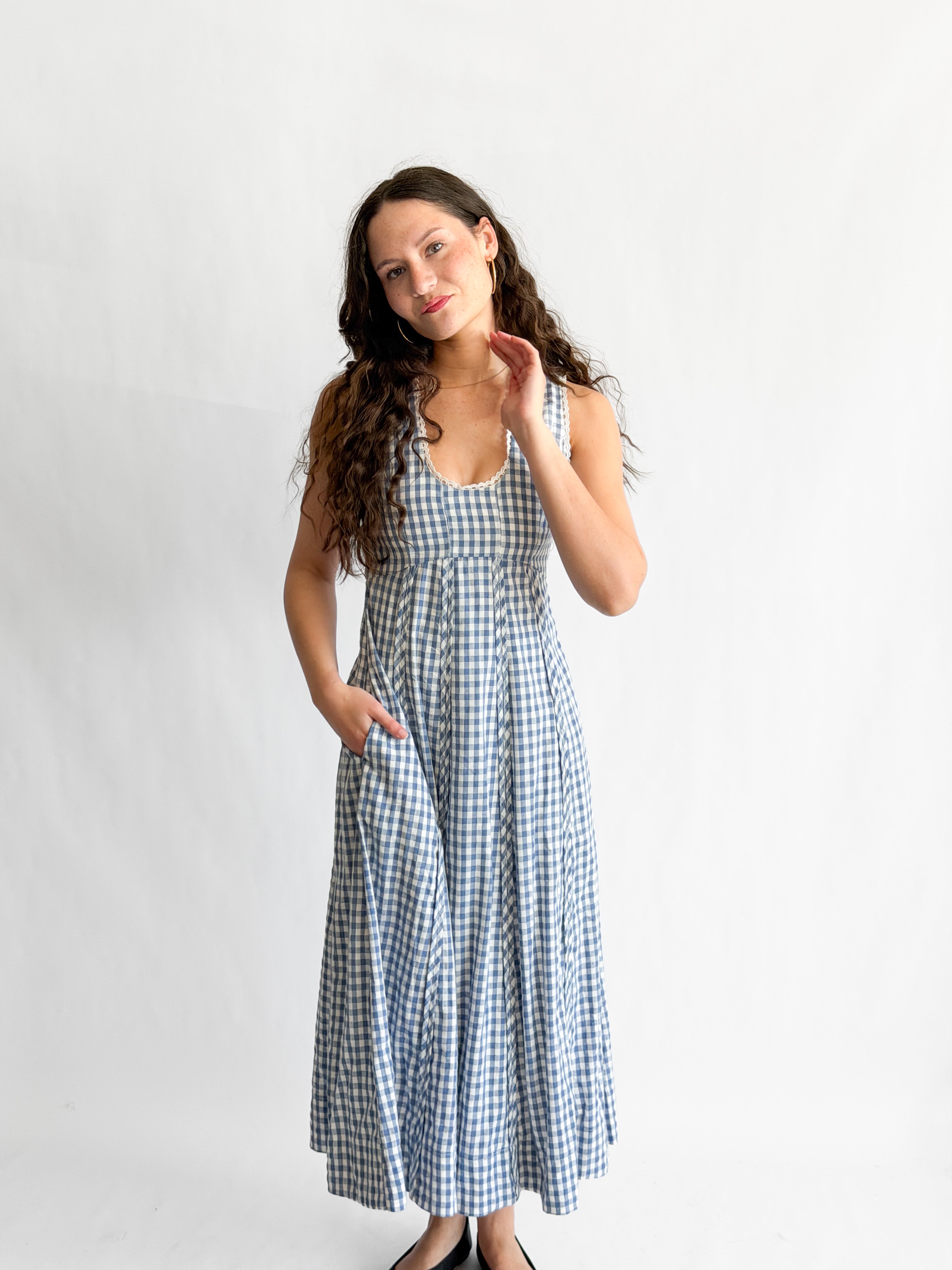 Sofie the Label Cecilia Blue Cotton Gingham Cotton Sleeveless Midi Dress