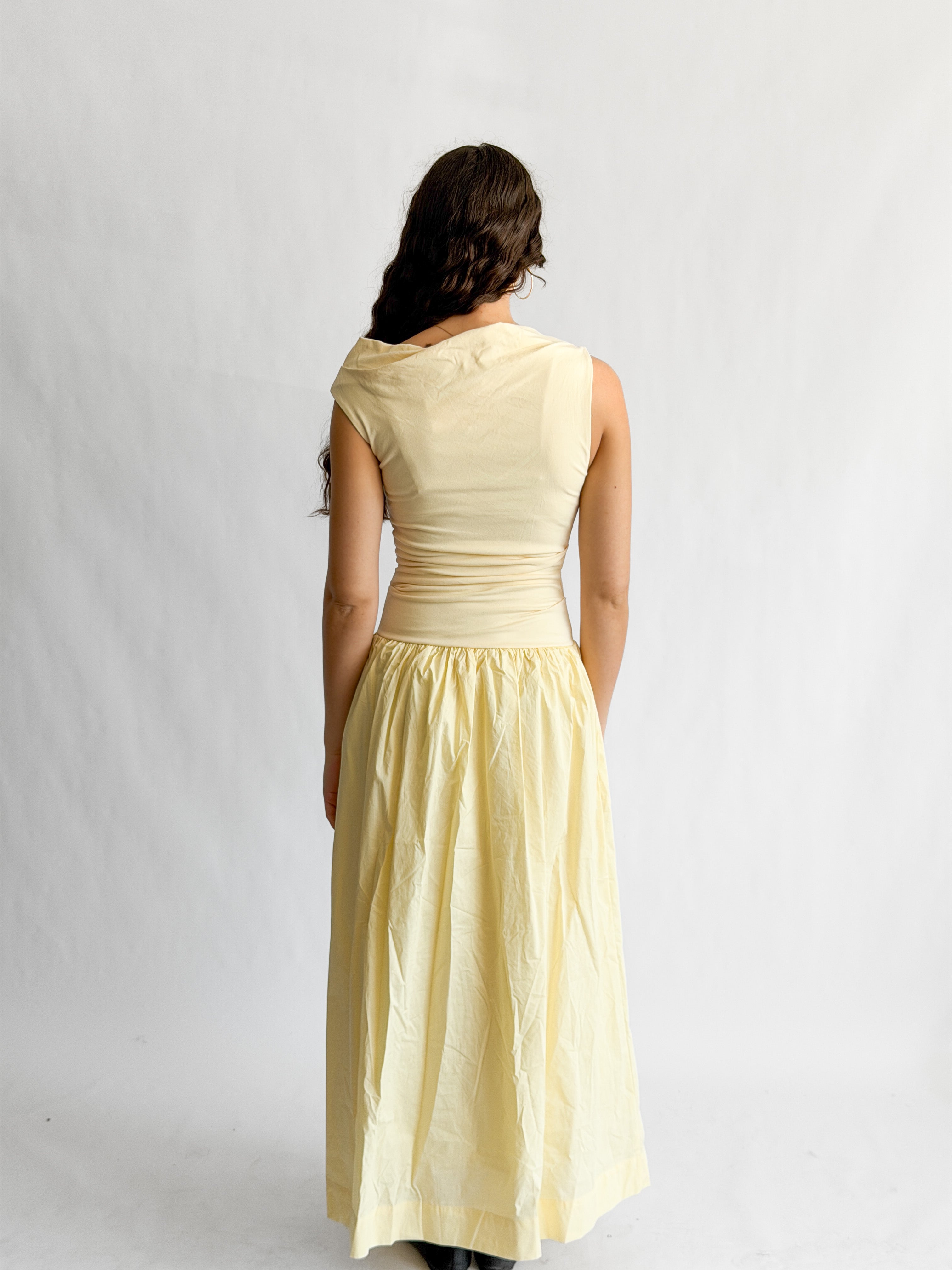 Sofie the Label Audrey Butter Yellow Mixed Media Asymmetrical Midi Dress