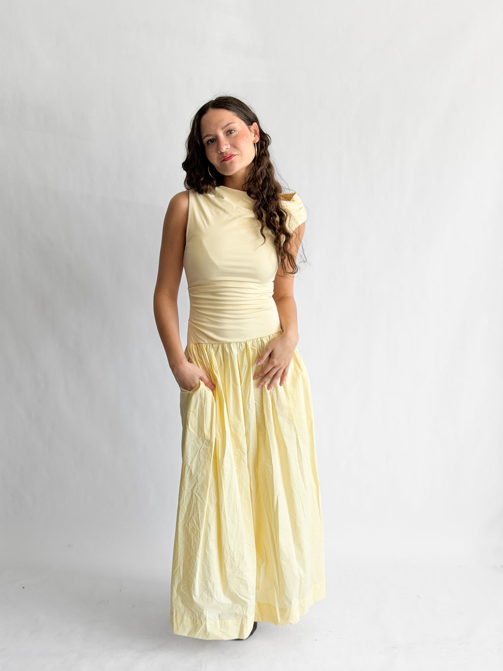 Sofie the Label Audrey Butter Yellow Mixed Media Asymmetrical Midi Dress