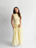 Sofie the Label Audrey Butter Yellow Mixed Media Asymmetrical Midi Dress