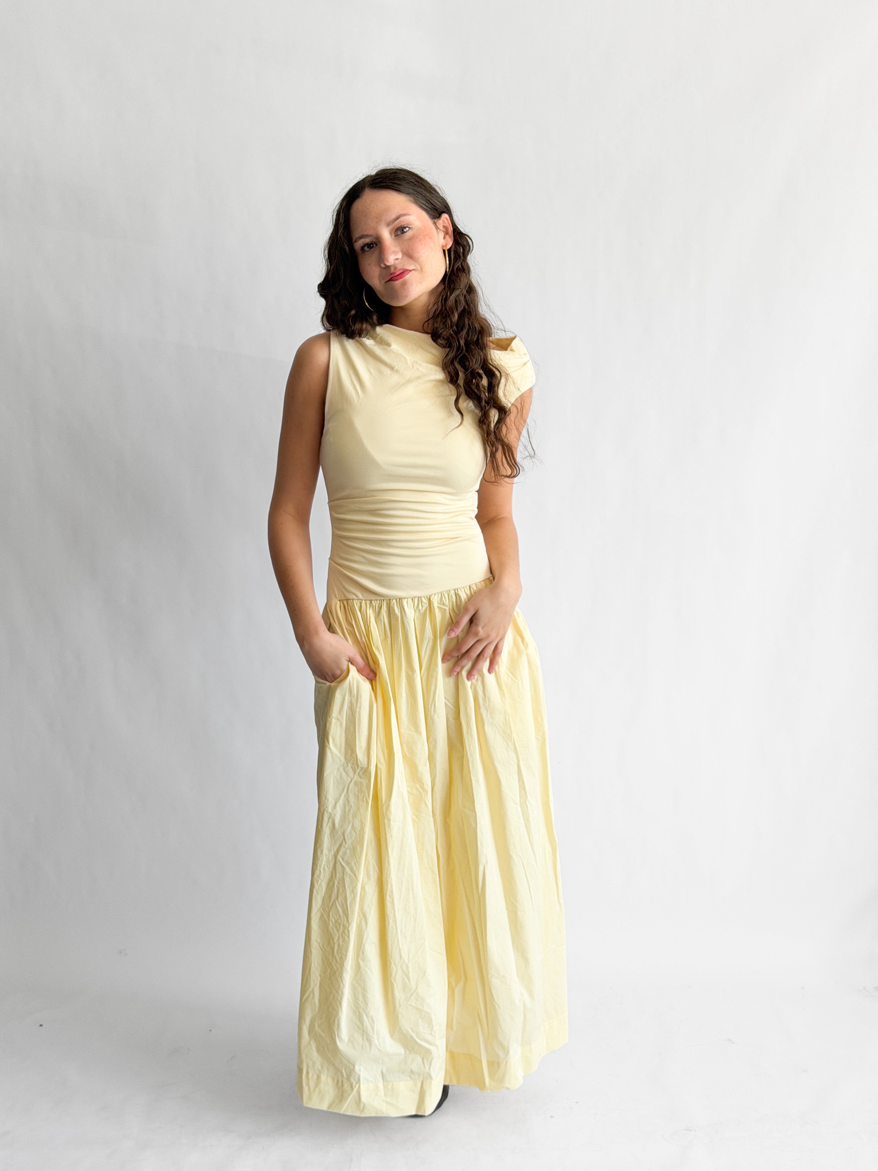 Sofie the Label Audrey Butter Yellow Mixed Media Asymmetrical Midi Dress