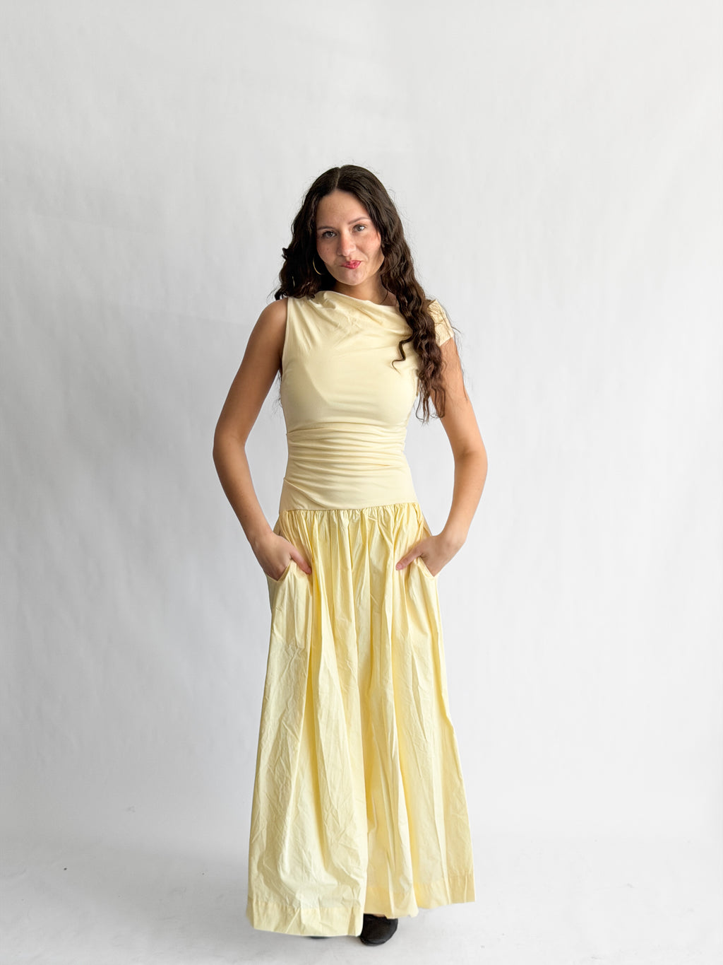 Sofie the Label Audrey Butter Yellow Mixed Media Asymmetrical Midi Dress