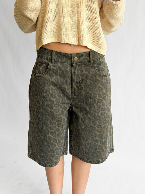 Miou Muse Wesley Leopard Print Bermuda Denim Shorts