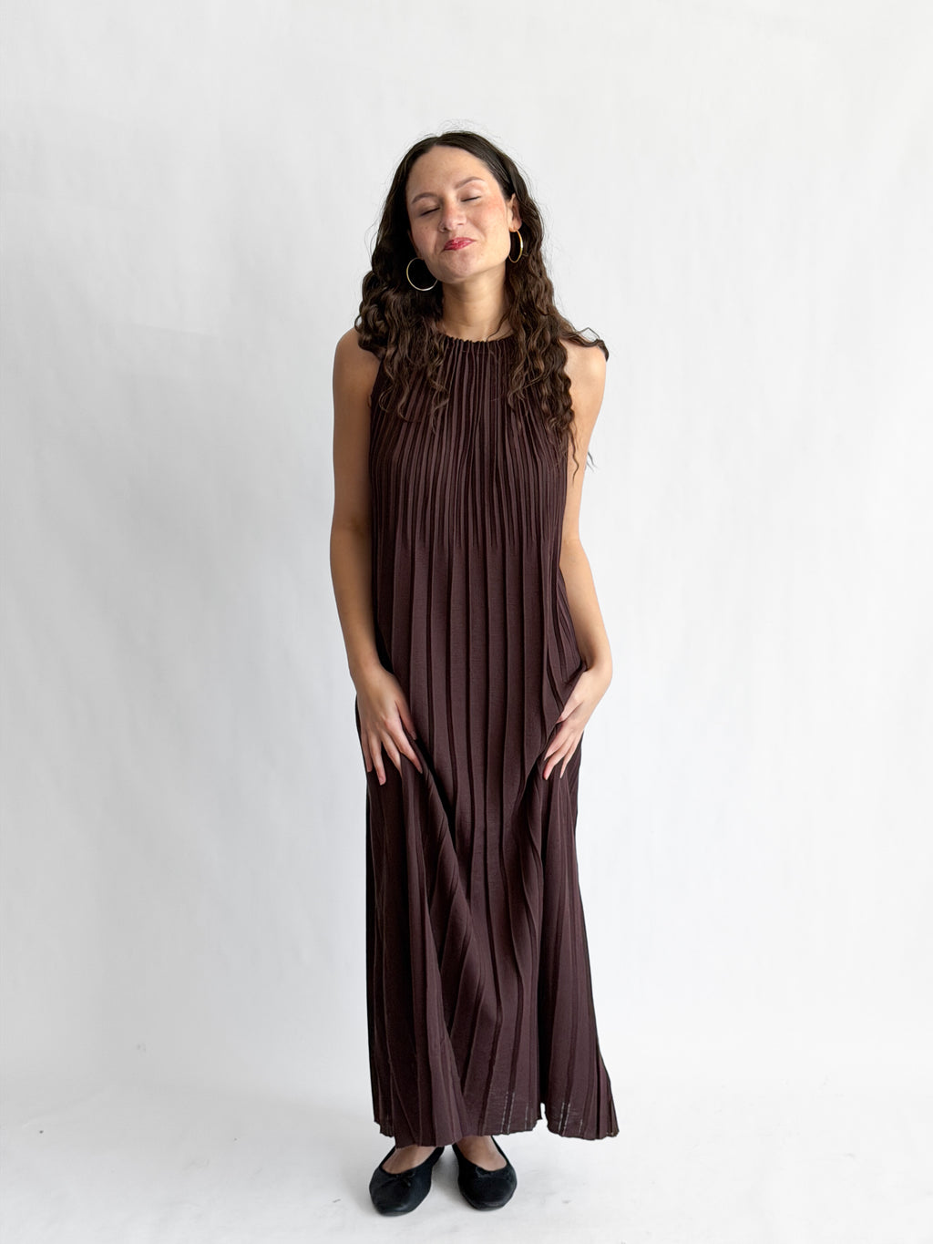 Lucy Paris Selene Dark Brown Pleated Halter Midi Dress