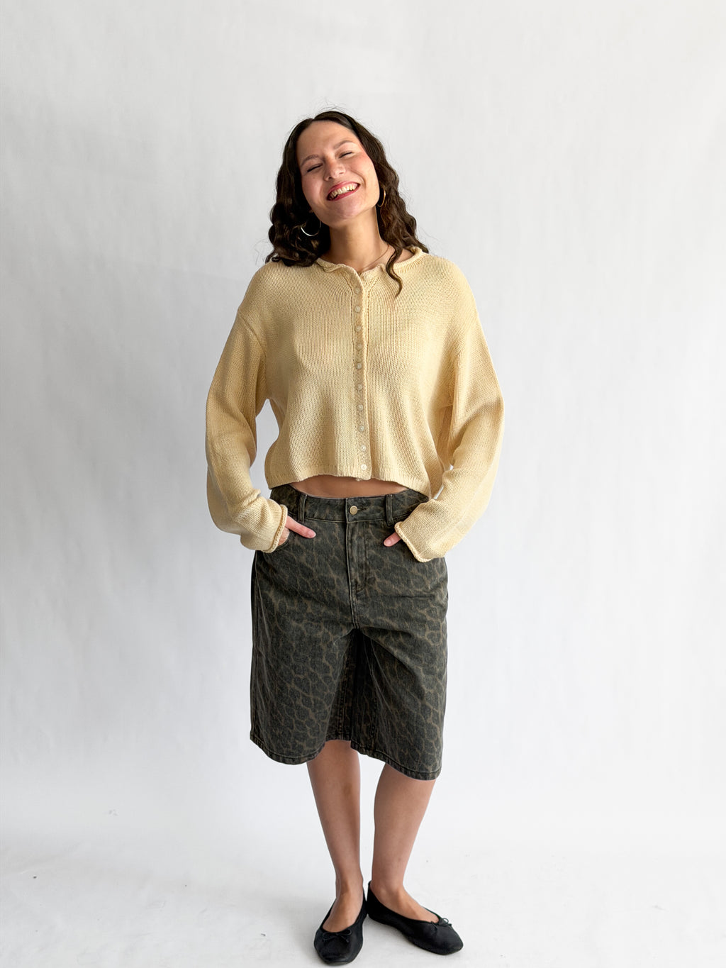 Miou Muse Wesley Leopard Print Bermuda Denim Shorts