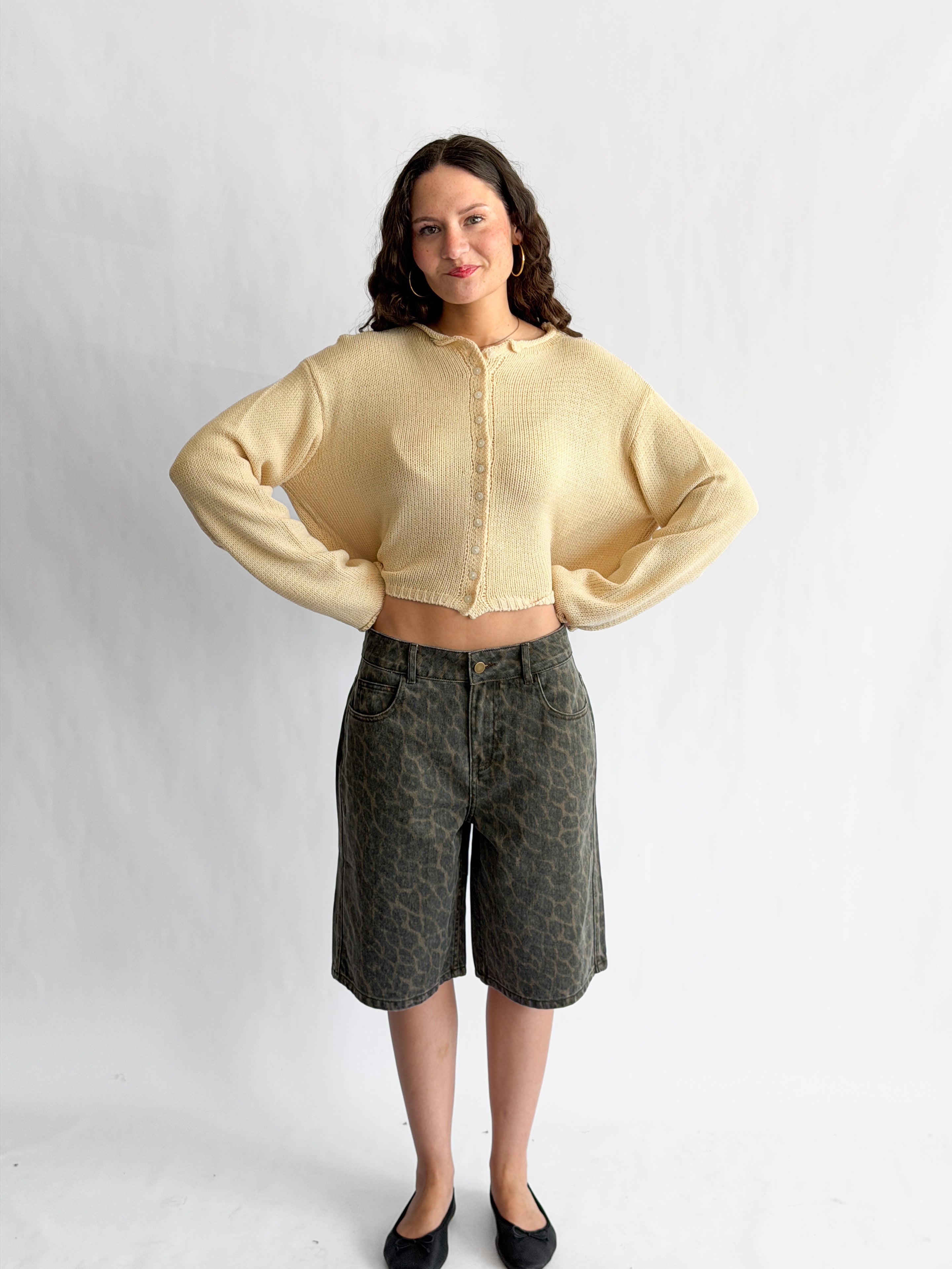 Miou Muse Wesley Leopard Print Bermuda Denim Shorts